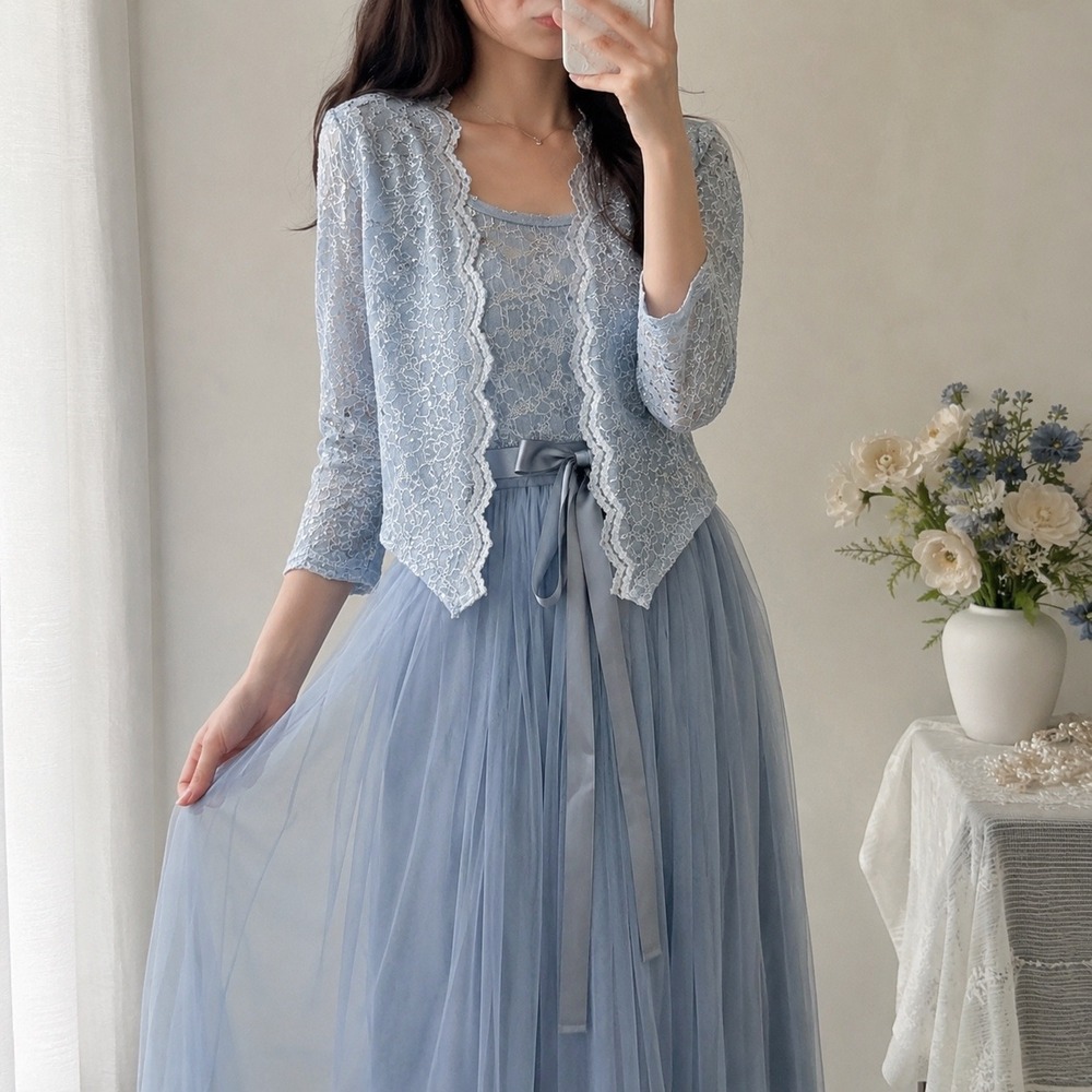 Candalite Y2K Ice Blue Sequin Lace Cardigan & Tulle Dress 2-Piece Set